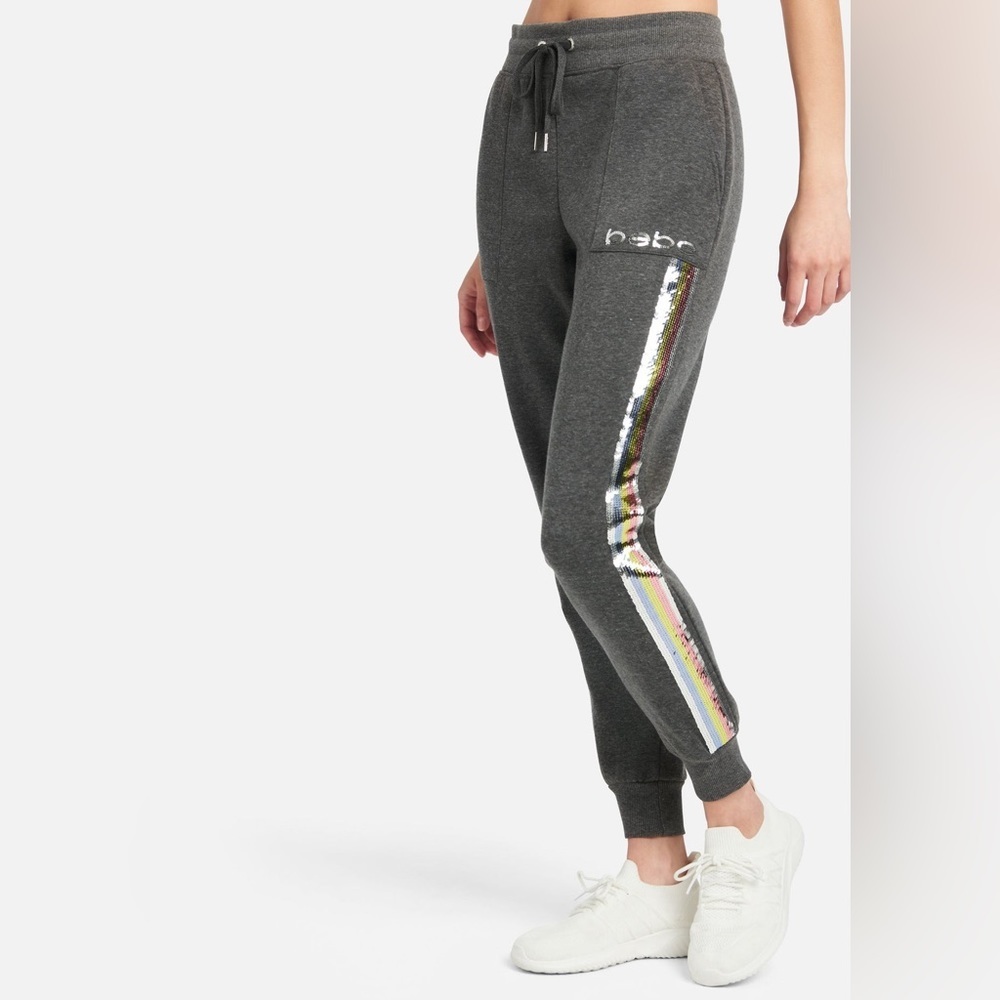 EUC BEBE SPORT Gray SEQUIN STRIPE JOGGER, size XL